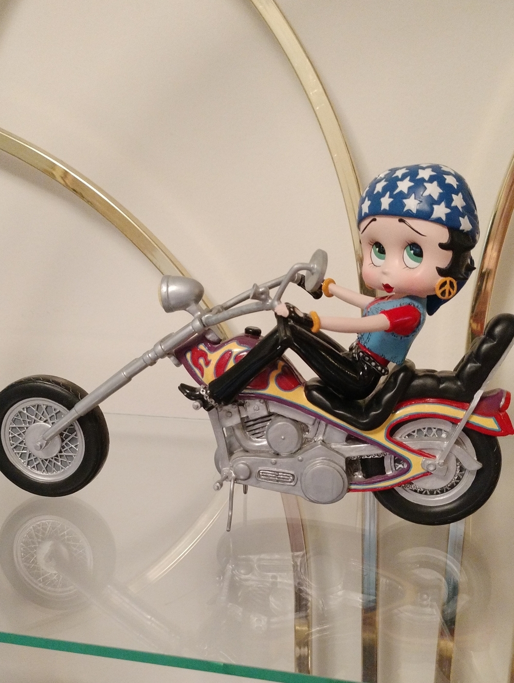Betty Boop Blue Helmet Motorcycle Figurine with Flame Accents